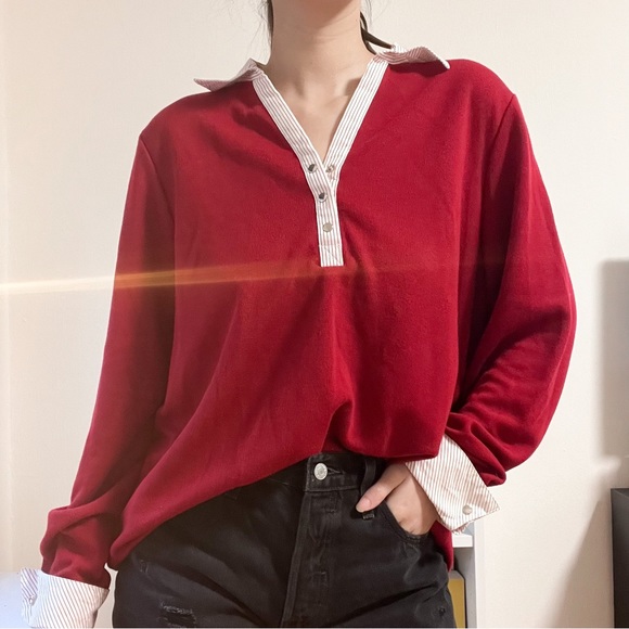 Carolina Red Academia Style Long Sleeve V Neck Shirt - Picture 3 of 6